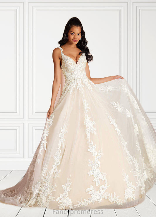 Alina A-Line V-Neck Sequins Tulle Cathedral Train Dress Diamond White/Champagne DRP0022751