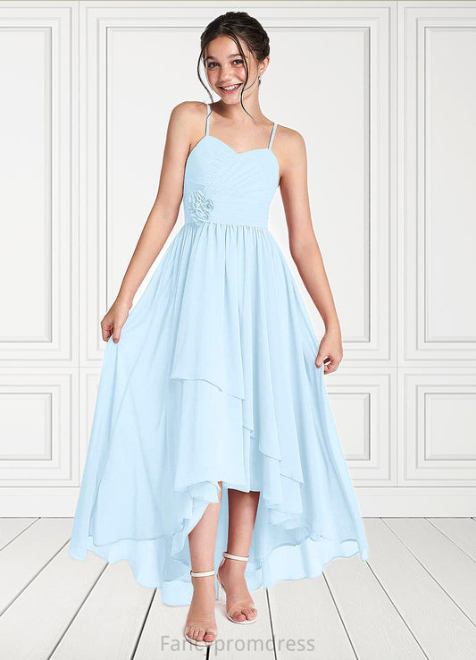 Adelaide A-Line Ruched Chiffon Asymmetrical Junior Bridesmaid Dress Sky Blue DRP0022848