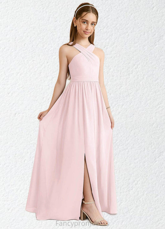 Kaiya A-Line Pleated Chiffon Floor-Length Junior Bridesmaid Dress Blushing Pink DRP0022849