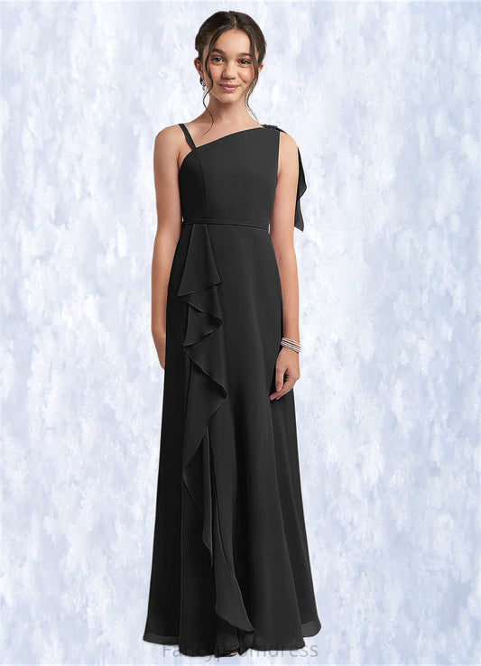 Evie A-Line Bow Chiffon Floor-Length Junior Bridesmaid Dress black DRP0022850