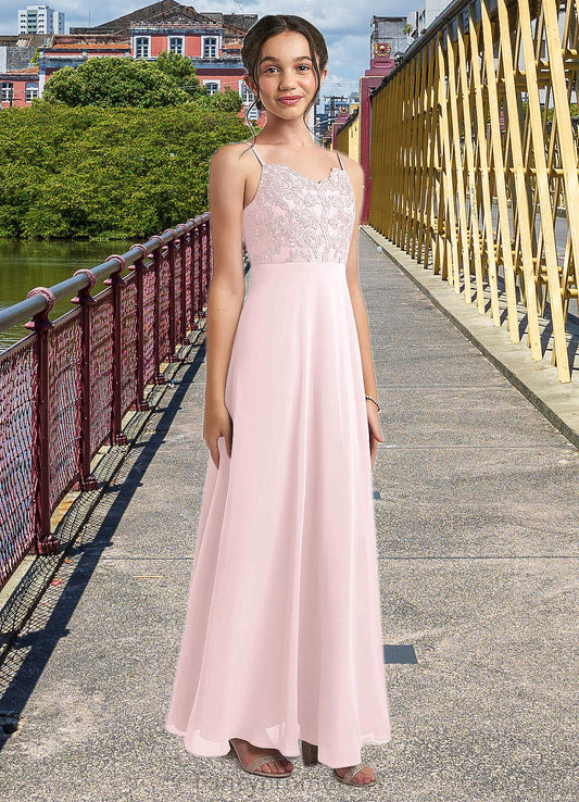 Lilian A-Line Lace Chiffon Floor-Length Junior Bridesmaid Dress Blushing Pink DRP0022853