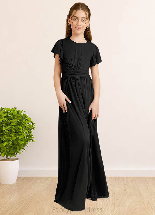 Cristina A-Line Ruched Mesh Floor-Length Junior Bridesmaid Dress black DRP0022857