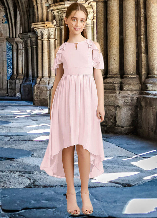 Tess A-Line Ruched Chiffon Asymmetrical Junior Bridesmaid Dress Blushing Pink DRP0022862