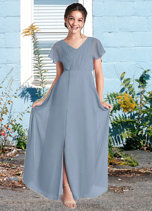 Libby A-Line Ruched Chiffon Floor-Length Junior Bridesmaid Dress dusty blue DRP0022872