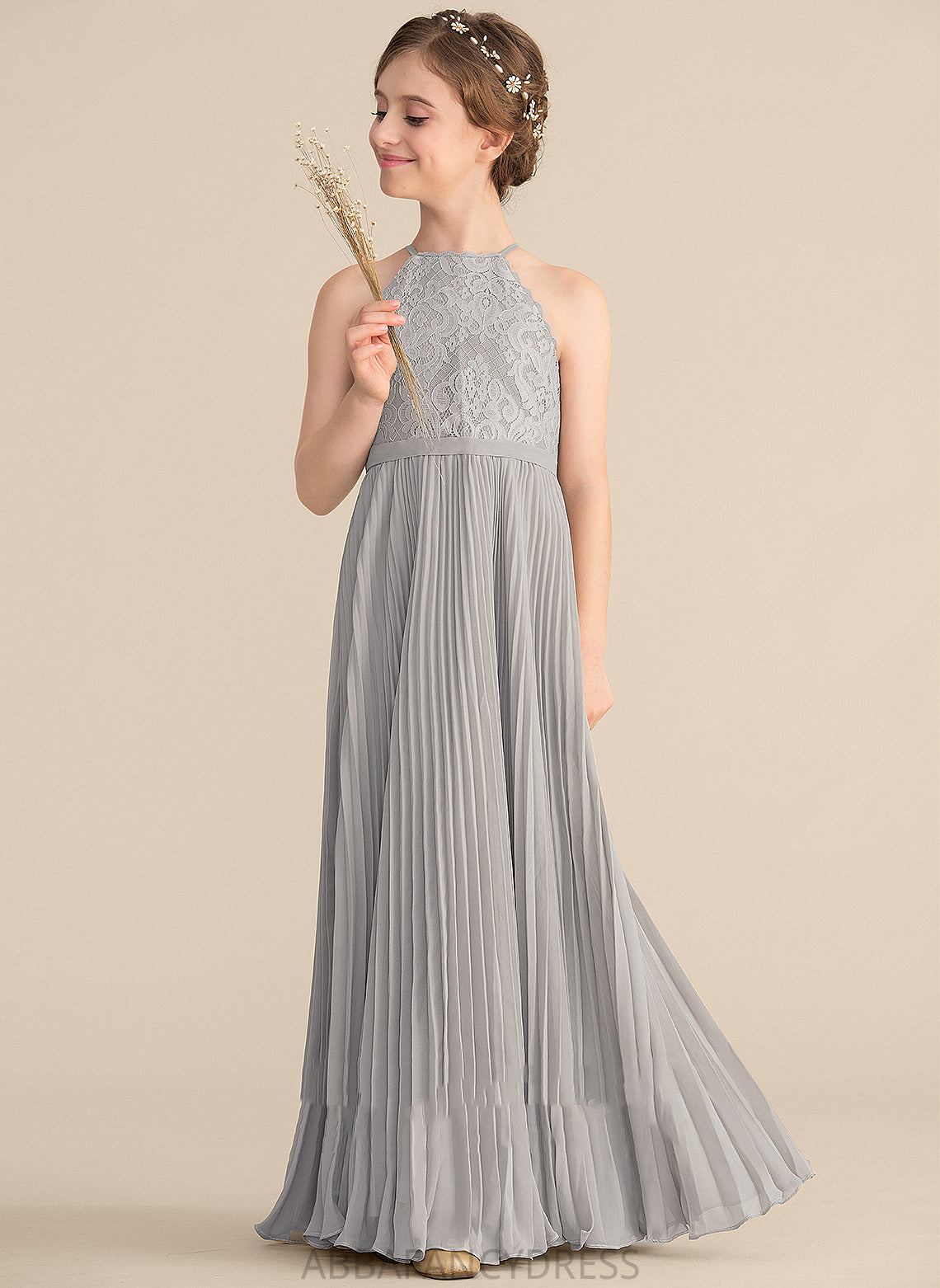 Chiffon Neck Amira Junior Bridesmaid Dresses Pleated With Floor-Length Scoop A-Line Lace