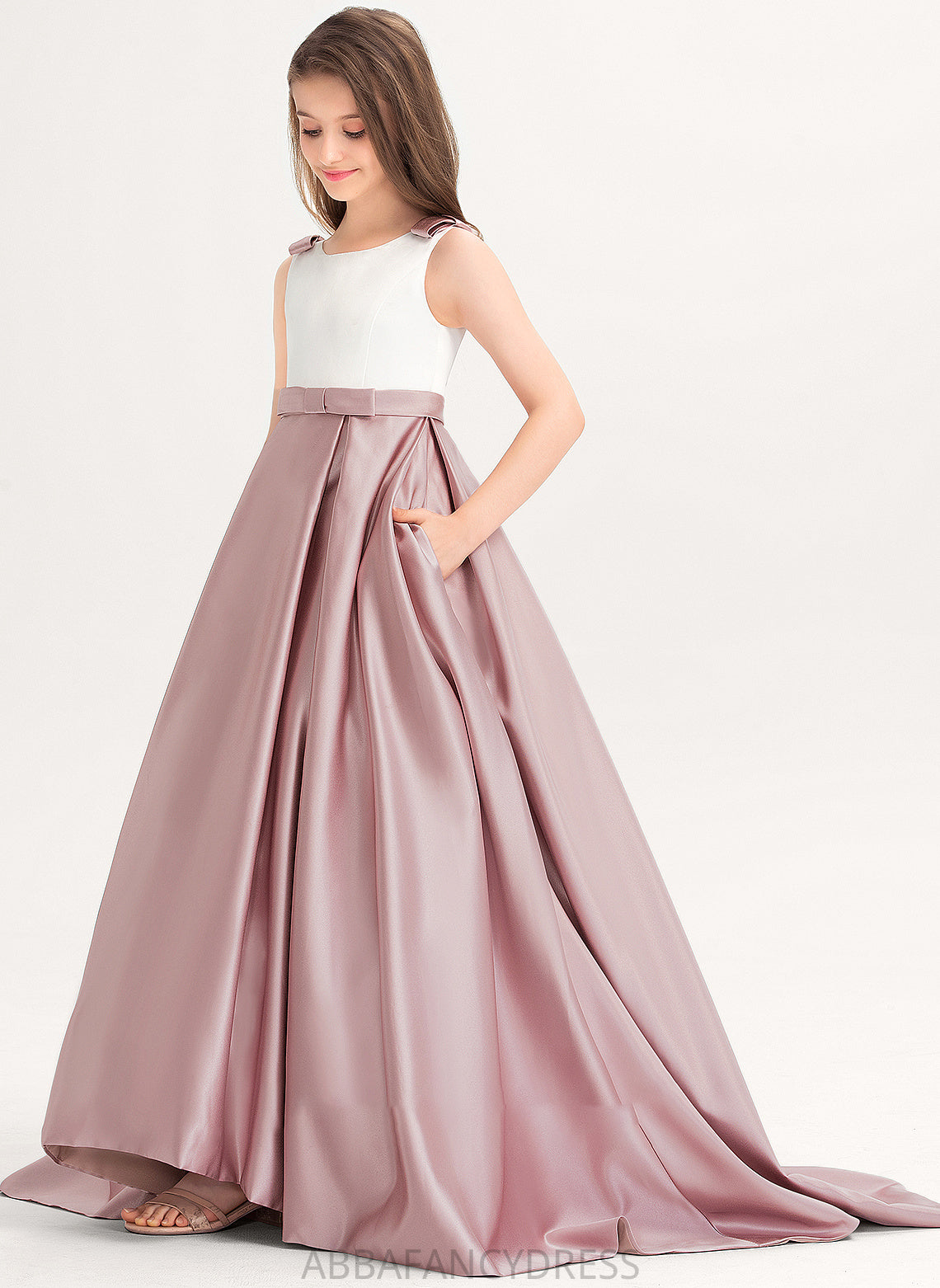 Satin With Bow(s) Train Ball-Gown/Princess Scoop Pockets Neck Sweep Junior Bridesmaid Dresses Aniyah