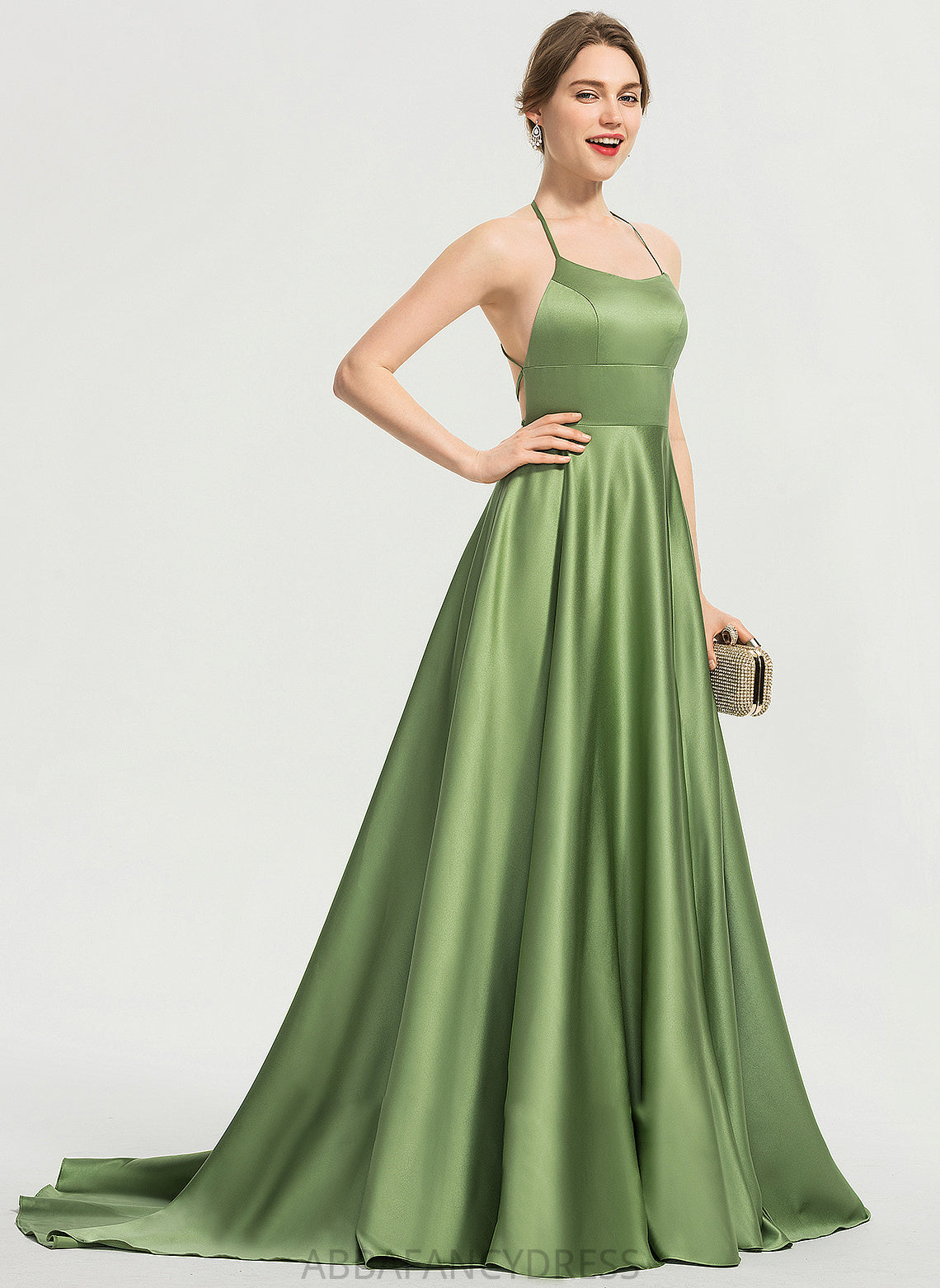 Scoop Neck Prom Dresses Front Sweep Satin With Train Split Dylan A-Line