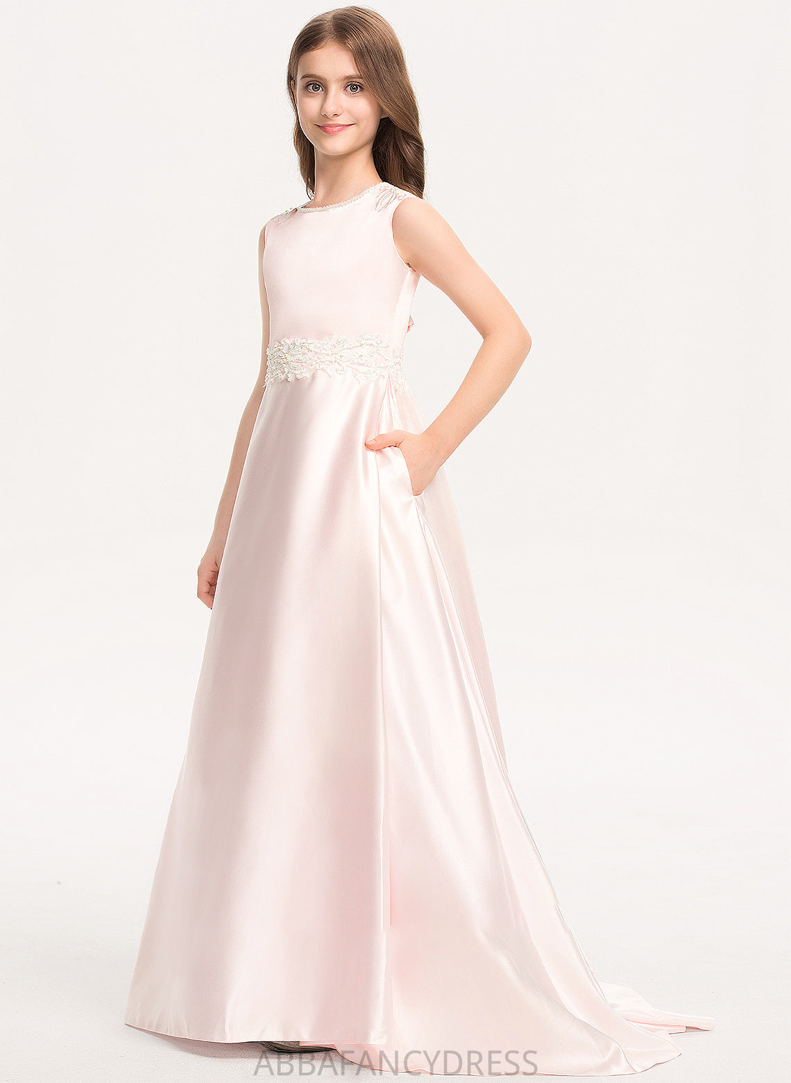 Junior Bridesmaid Dresses Neck Lace Bow(s) A-Line Sweep Satin With Scoop Train Samantha Pockets