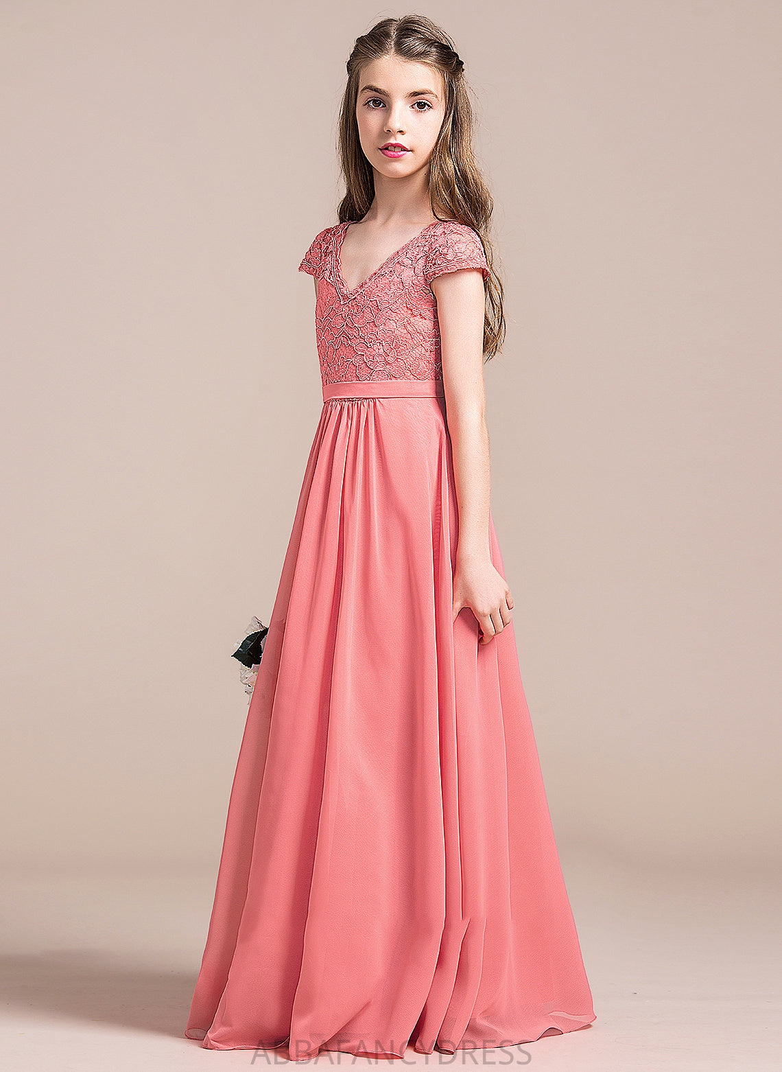 Junior Bridesmaid Dresses Lace Chiffon Floor-Length V-neck A-Line Nathaly