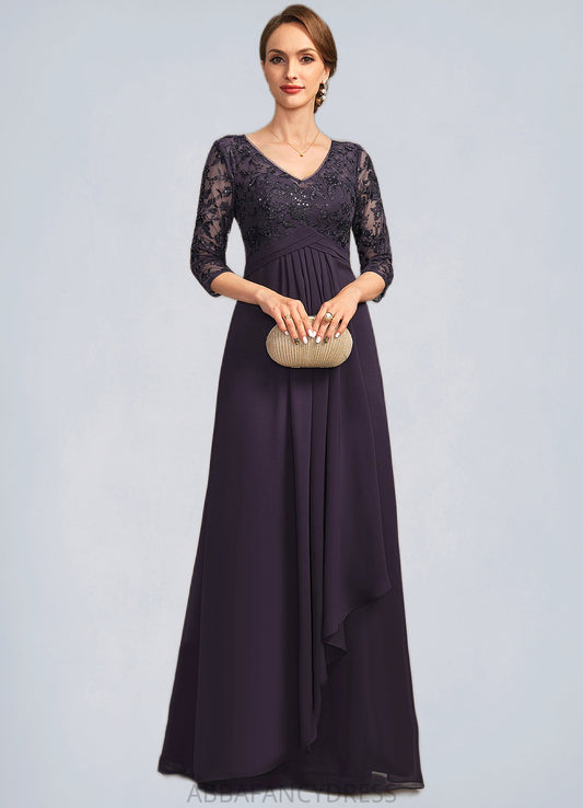 Vivian A-line V-Neck Floor-Length Chiffon Lace Mother of the Bride Dress With Cascading Ruffles Sequins DRP0021796