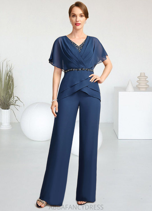 Leah Jumpsuit/Pantsuit Separates V-Neck Floor-Length Chiffon Mother of the Bride Dress With Beading Pleated Sequins DRP0021800