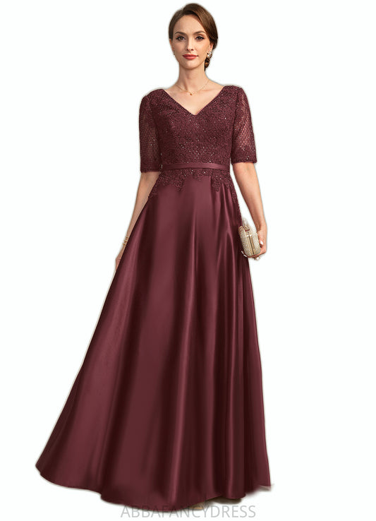 Mara A-line V-Neck Floor-Length Lace Satin Mother of the Bride Dress With Sequins DRP0021803