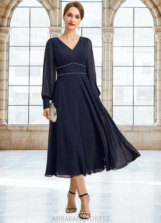 Shelby A-line V-Neck Tea-Length Chiffon Mother of the Bride Dress With Beading Pleated DRP0021804