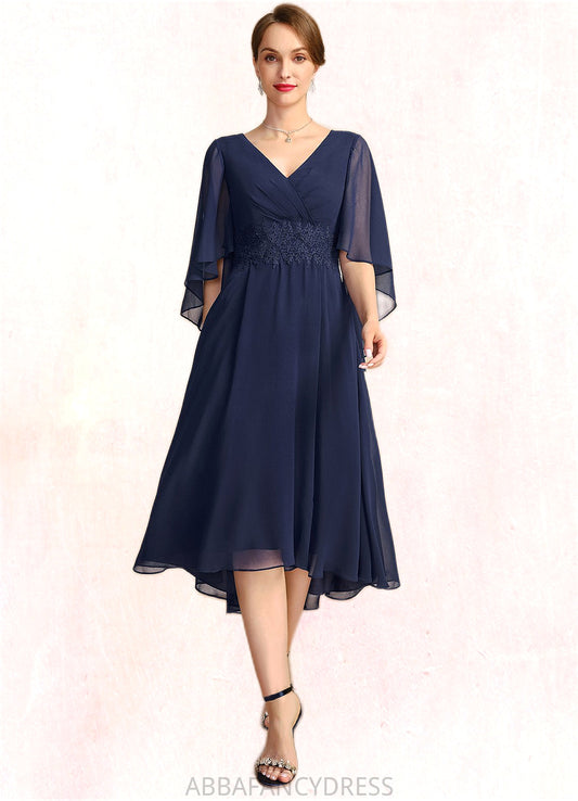 Melinda A-line V-Neck Asymmetrical Chiffon Mother of the Bride Dress With Pleated Appliques Lace DRP0021845