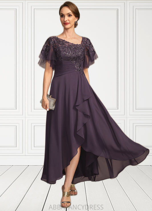 Tiana A-line Asymmetrical Asymmetrical Chiffon Lace Mother of the Bride Dress With Cascading Ruffles Sequins DRP0021846