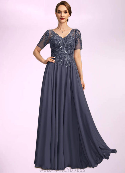 Valery A-line V-Neck Illusion Floor-Length Chiffon Lace Mother of the Bride Dress With Sequins DRP0021867