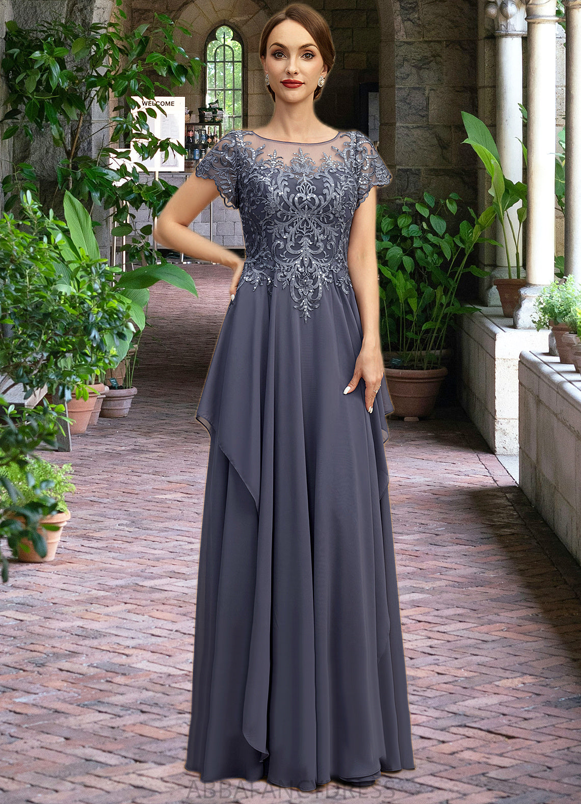 Kaleigh A-line Scoop Illusion Floor-Length Chiffon Lace Mother of the Bride Dress With Cascading Ruffles Sequins DRP0021897