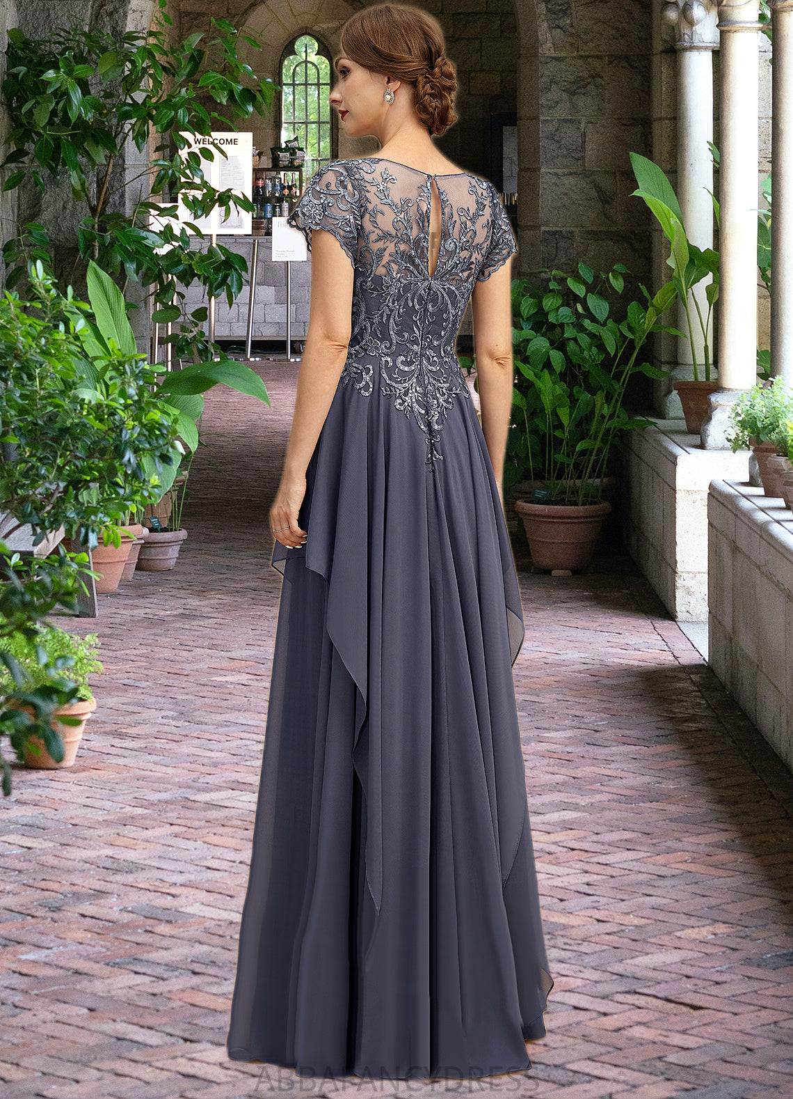 Kaleigh A-line Scoop Illusion Floor-Length Chiffon Lace Mother of the Bride Dress With Cascading Ruffles Sequins DRP0021897