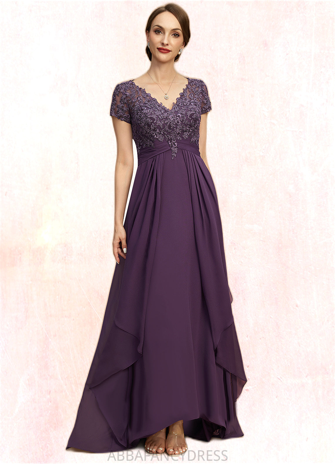 Aurora A-line V-Neck Asymmetrical Chiffon Lace Mother of the Bride Dress With Cascading Ruffles DRP0021899