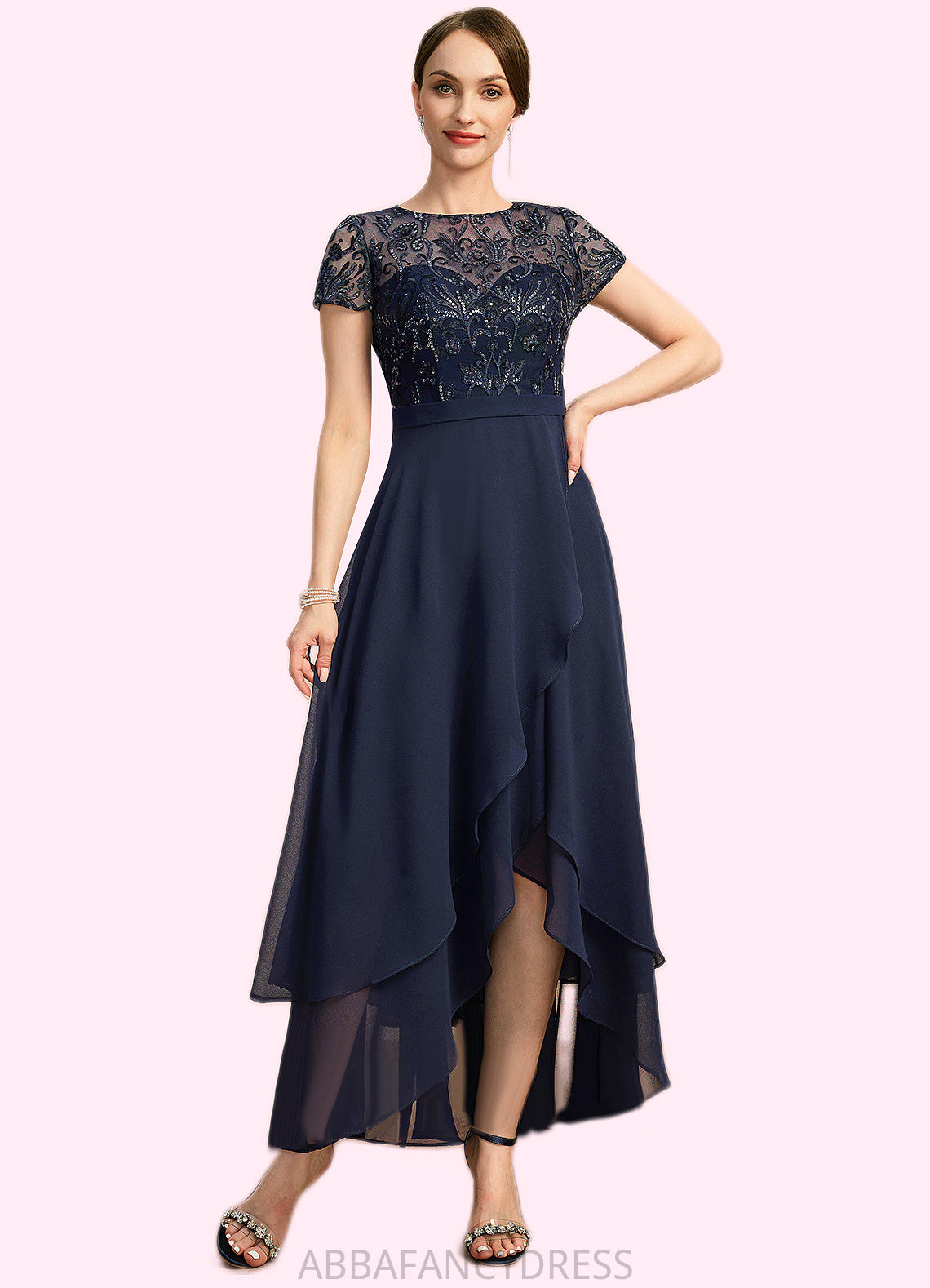 Aurora A-line Scoop Illusion Asymmetrical Chiffon Lace Mother of the Bride Dress With Sequins DRP0021902