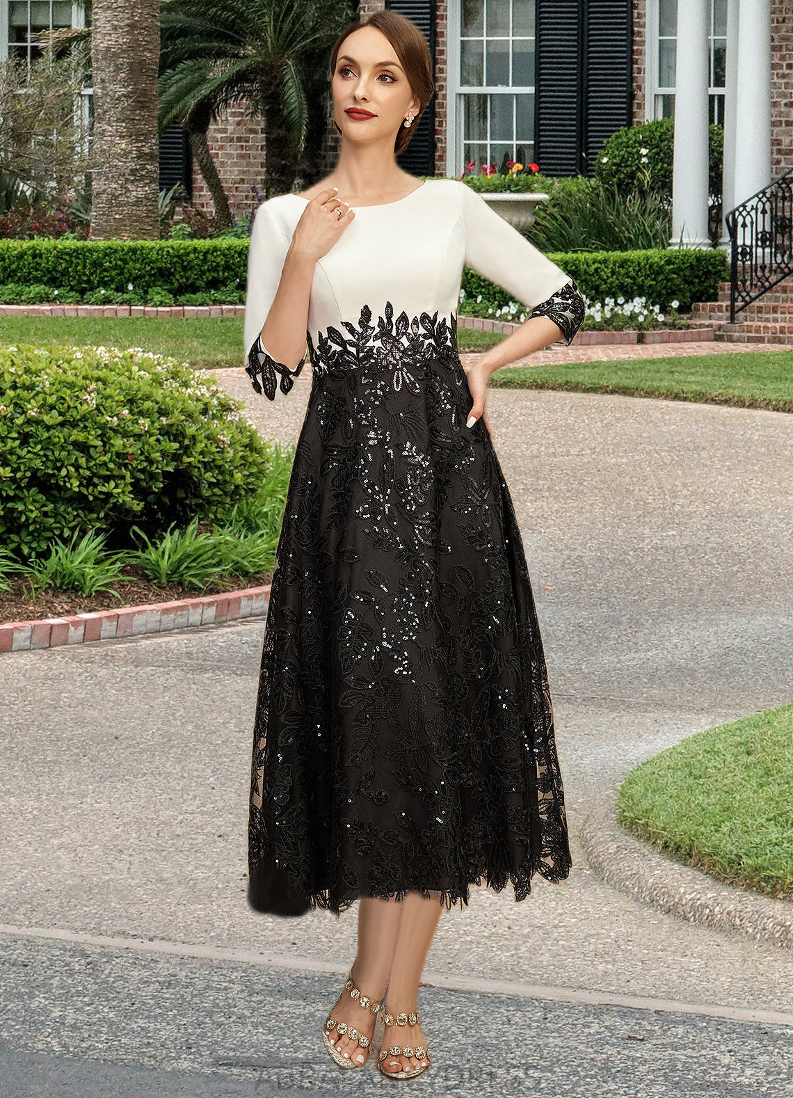 Julianne A-line Scoop Tea-Length Chiffon Lace Mother of the Bride Dress With Sequins DRP0021903