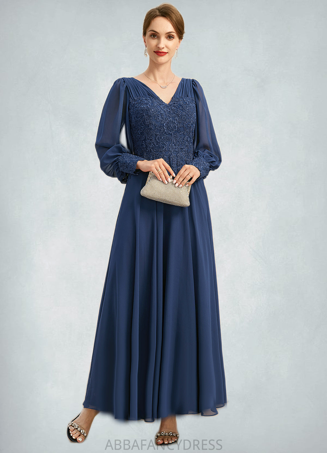 Summer A-line V-Neck Ankle-Length Chiffon Lace Mother of the Bride Dress With Pleated DRP0021908