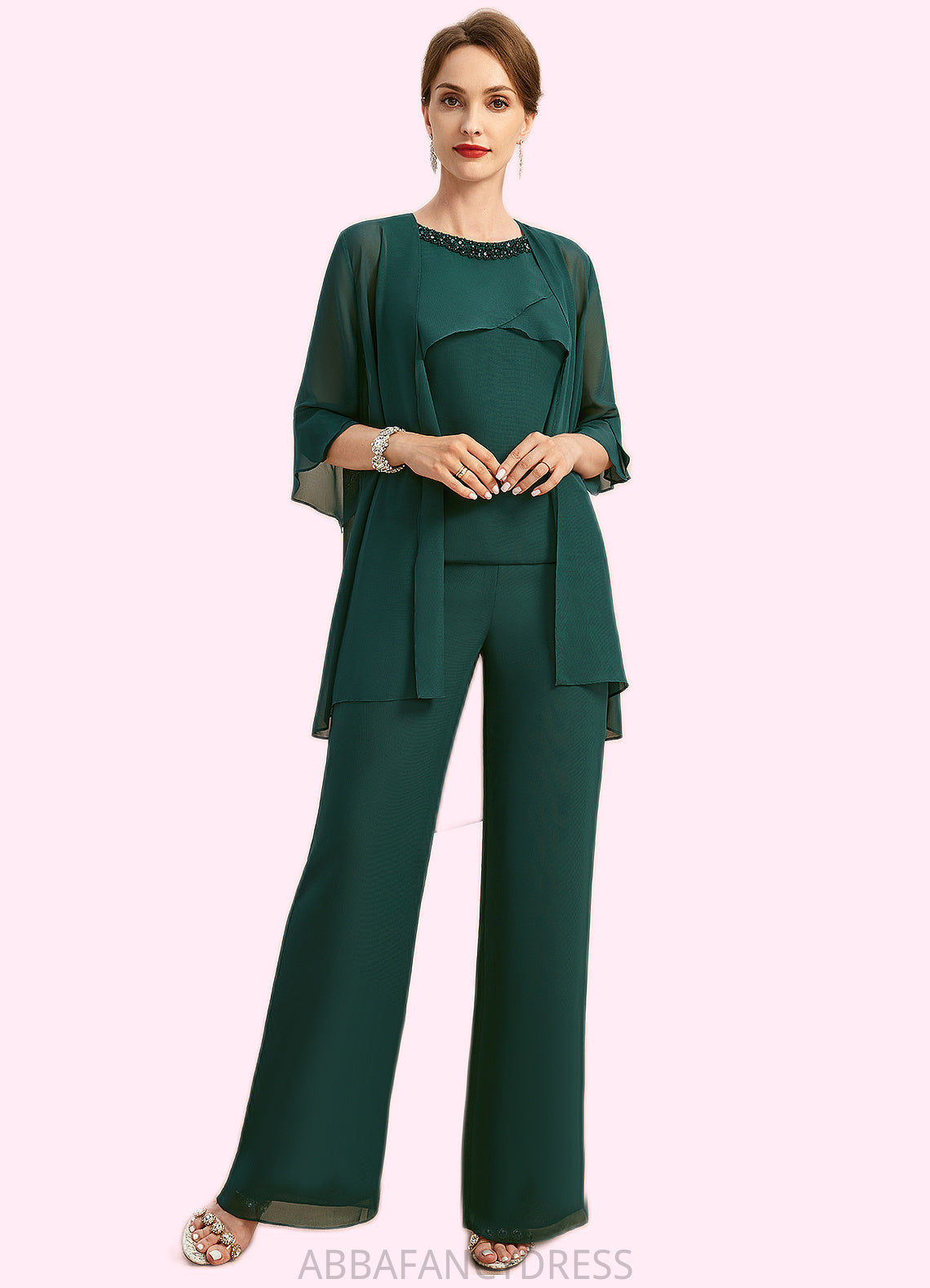 Zoey Jumpsuit/Pantsuit Separates Scoop Floor-Length Chiffon Mother of the Bride Dress With Beading Sequins DRP0021913