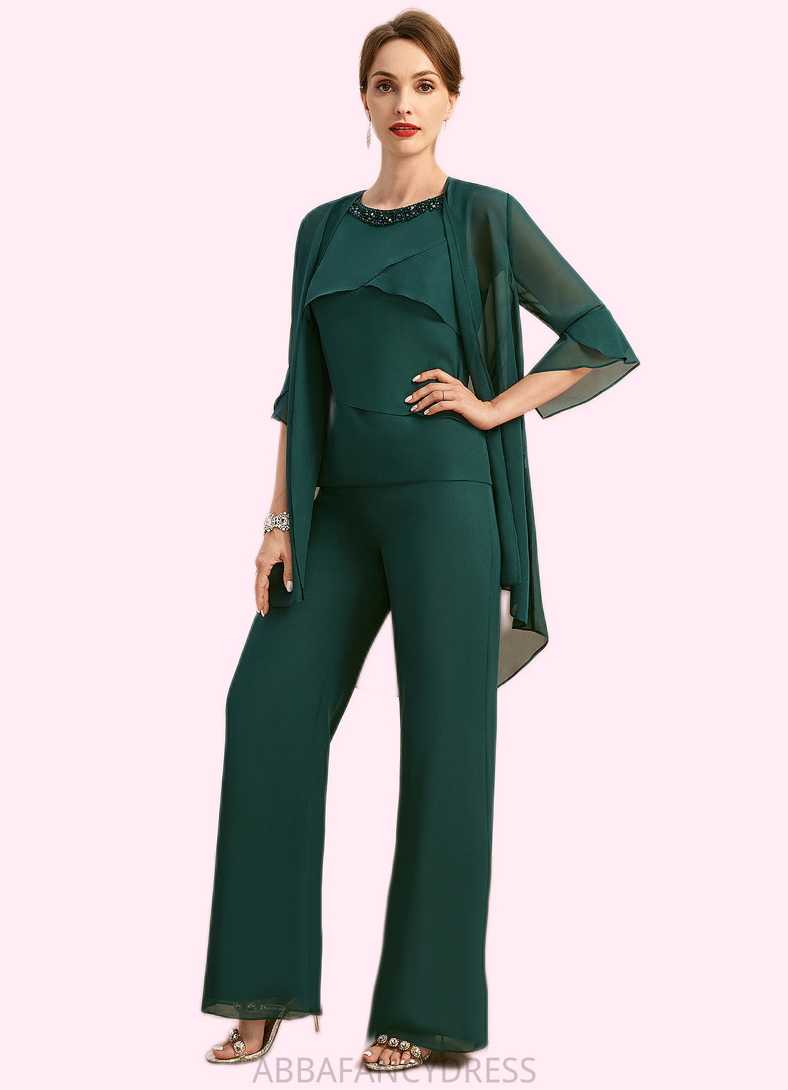 Zoey Jumpsuit/Pantsuit Separates Scoop Floor-Length Chiffon Mother of the Bride Dress With Beading Sequins DRP0021913