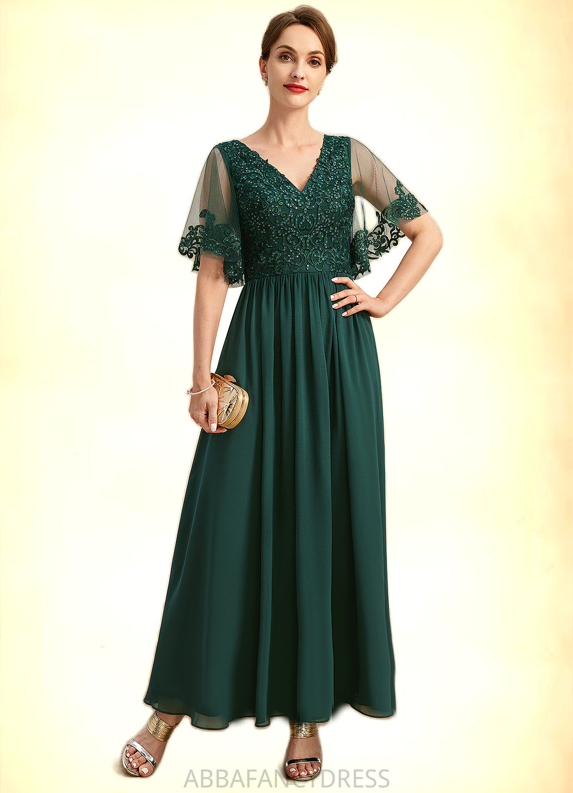 Ursula A-line V-Neck Ankle-Length Chiffon Lace Mother of the Bride Dress With Sequins DRP0021914