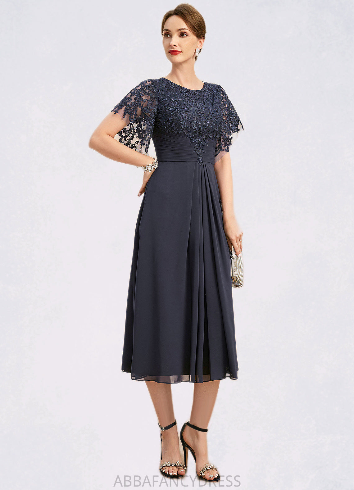 Lindsey A-line Scoop Tea-Length Chiffon Lace Mother of the Bride Dress With Pleated DRP0021928