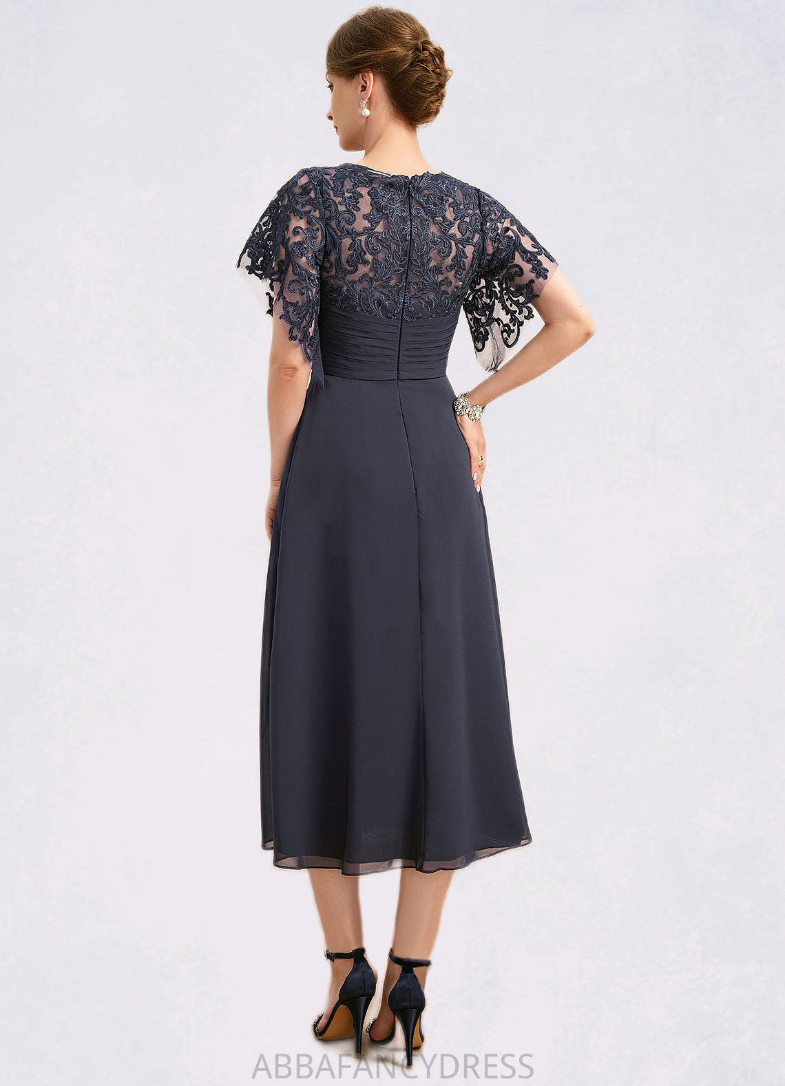 Lindsey A-line Scoop Tea-Length Chiffon Lace Mother of the Bride Dress With Pleated DRP0021928