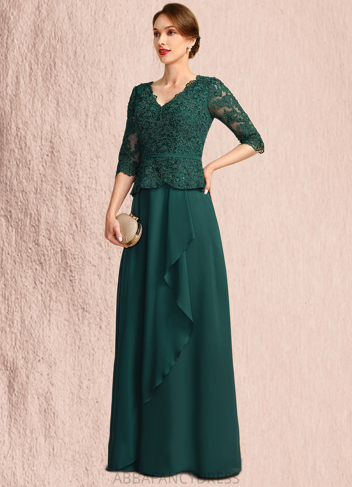 Adelaide A-line V-Neck Floor-Length Chiffon Lace Mother of the Bride Dress With Cascading Ruffles Sequins DRP0021934