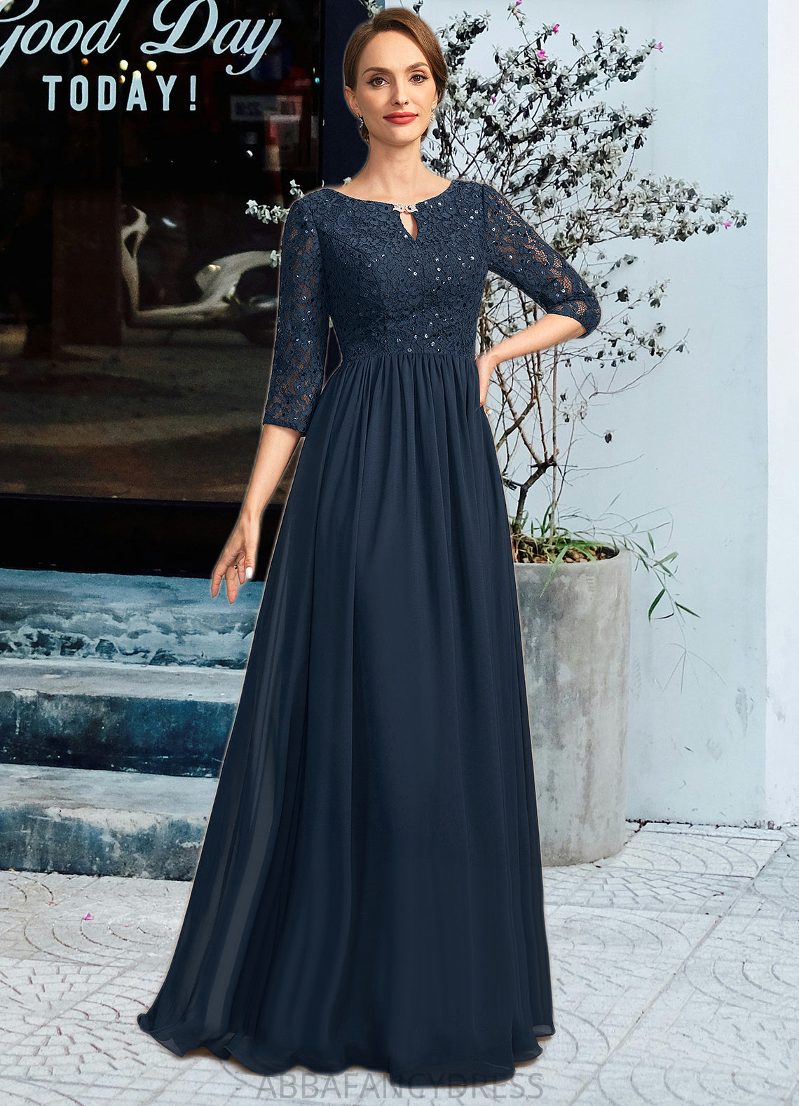Desiree A-line Scoop Floor-Length Chiffon Lace Mother of the Bride Dress With Crystal Brooch Sequins DRP0021961