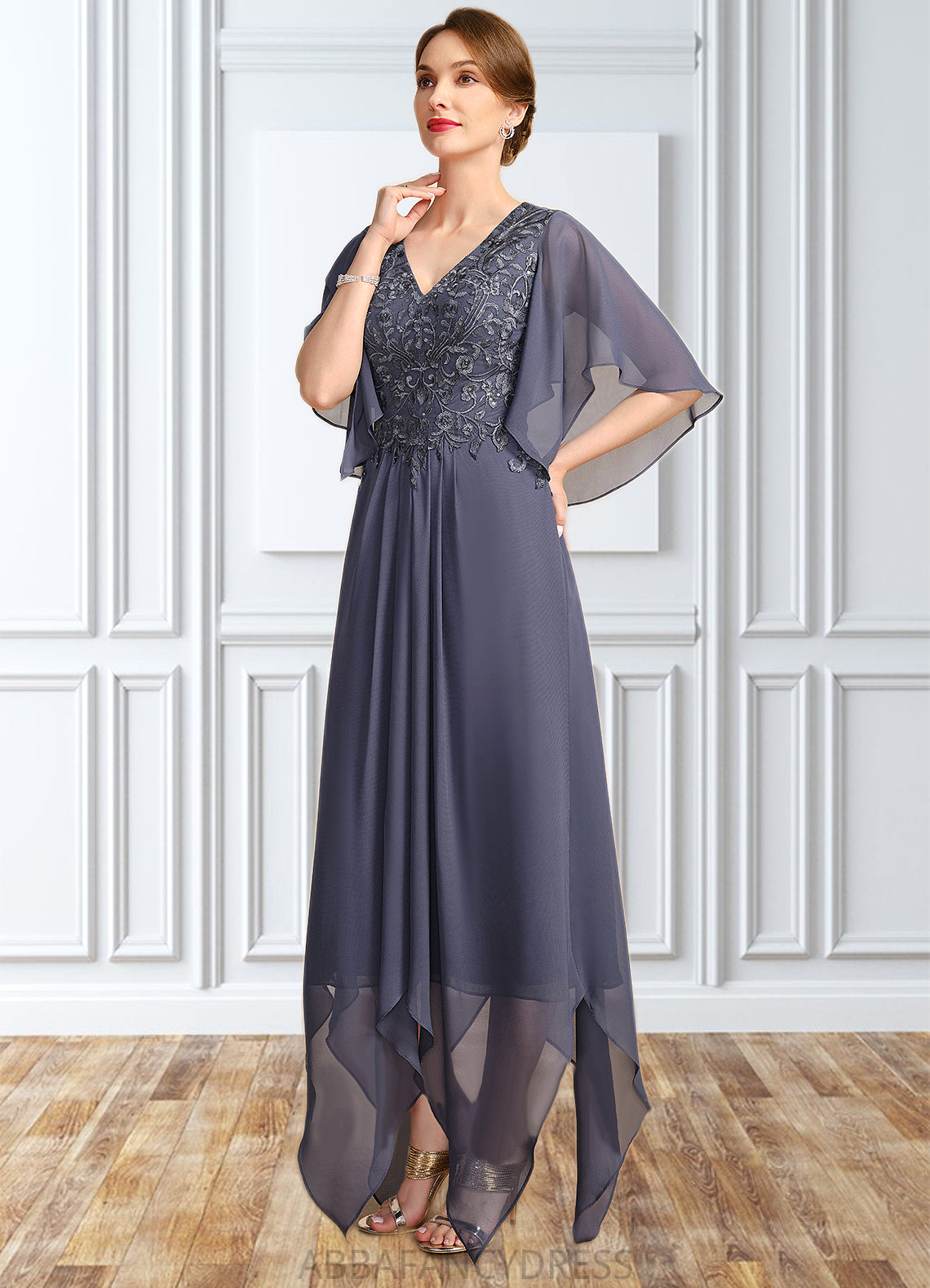 Sandra A-line V-Neck Floor-Length Chiffon Lace Mother of the Bride Dress With Sequins DRP0021963