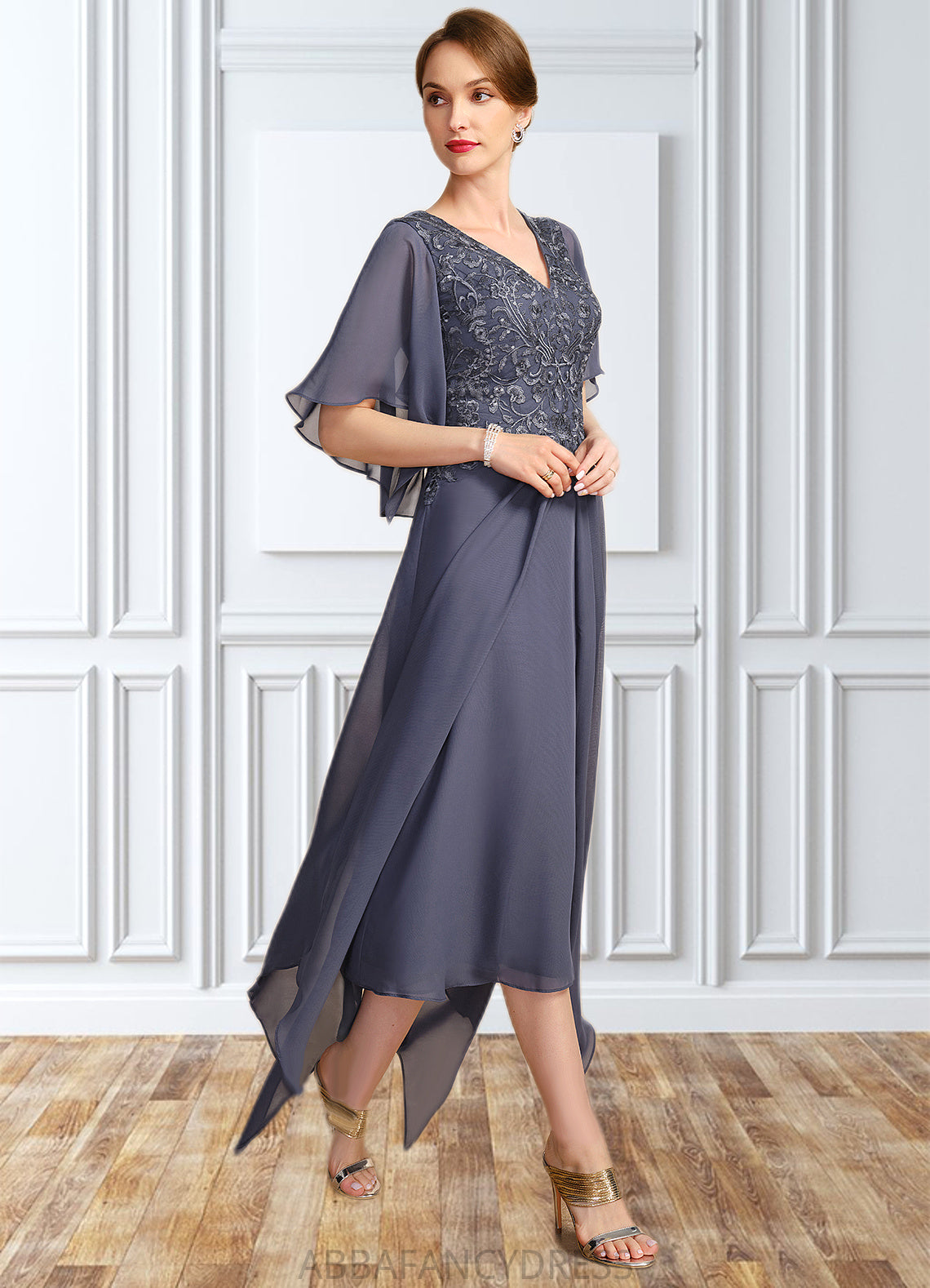 Sandra A-line V-Neck Floor-Length Chiffon Lace Mother of the Bride Dress With Sequins DRP0021963
