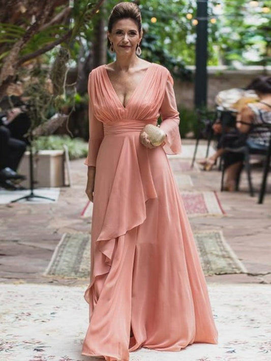 Natalie A-Line/Princess Chiffon Ruffles V-neck Long Sleeves Floor-Length Mother of the Bride Dresses DRP0020384