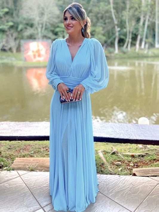 Rylie A-Line/Princess Chiffon Ruffles V-neck Long Sleeves Floor-Length Mother of the Bride Dresses DRP0020376