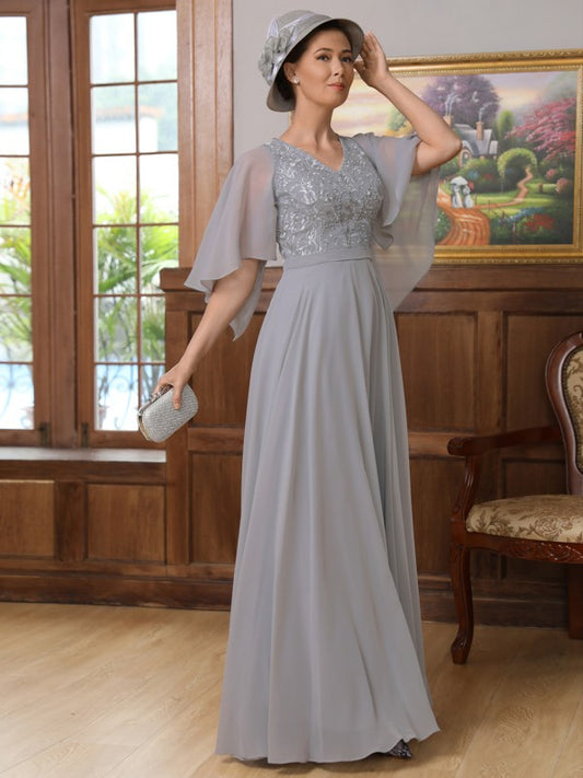 Violet A-Line/Princess Chiffon Applique V-neck 1/2 Sleeves Floor-Length Mother of the Bride Dresses DRP0020334