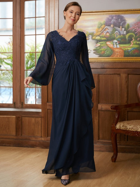 Lea A-Line/Princess Chiffon Applique V-neck Long Sleeves Floor-Length Mother of the Bride Dresses DRP0020335