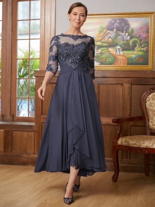 Mckinley A-Line/Princess Chiffon Applique Scoop 3/4 Sleeves Asymmetrical Mother of the Bride Dresses DRP0020346