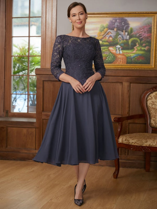 Olive A-Line/Princess Chiffon Lace Scoop 3/4 Sleeves Tea-Length Mother of the Bride Dresses DRP0020347