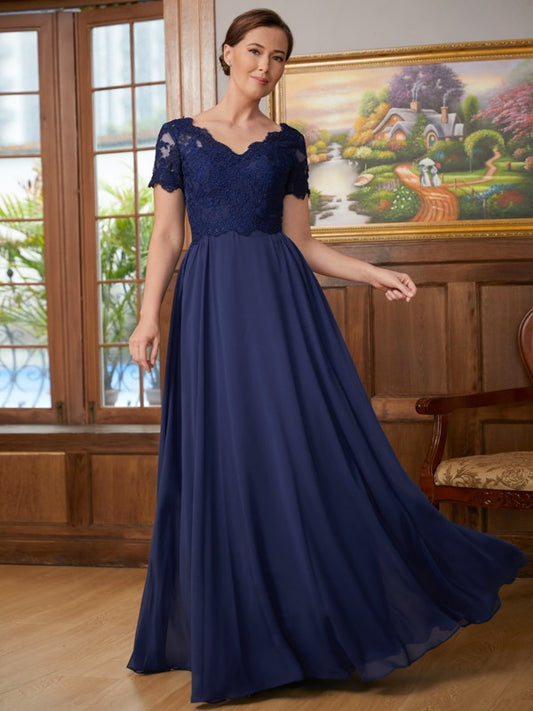 Kennedy A-Line/Princess Chiffon Lace V-neck Short Sleeves Floor-Length Mother of the Bride Dresses DRP0020311