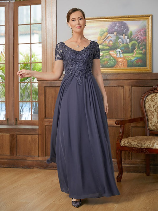 Talia A-Line/Princess Chiffon Applique V-neck Short Sleeves Floor-Length Mother of the Bride Dresses DRP0020337