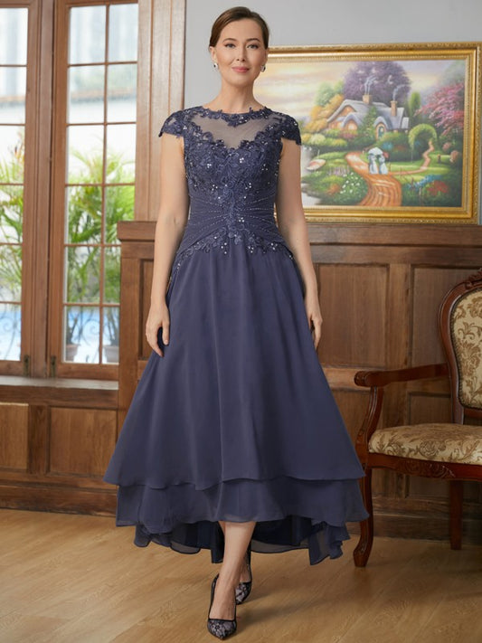 Mckenzie A-Line/Princess Chiffon Applique Scoop Short Sleeves Asymmetrical Mother of the Bride Dresses DRP0020307
