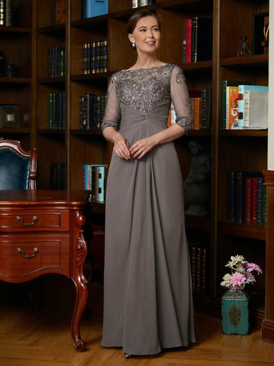 Chasity A-Line/Princess Chiffon Applique Scoop 3/4 Sleeves Floor-Length Mother of the Bride Dresses DRP0020303