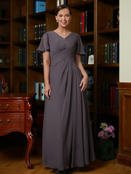 Cynthia A-Line/Princess Chiffon Ruched V-neck Short Sleeves Floor-Length Mother of the Bride Dresses DRP0020304