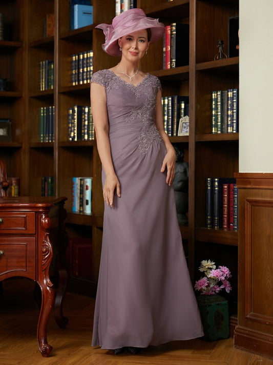 Cora Sheath/Column Chiffon Lace V-neck Short Sleeves Floor-Length Mother of the Bride Dresses DRP0020339