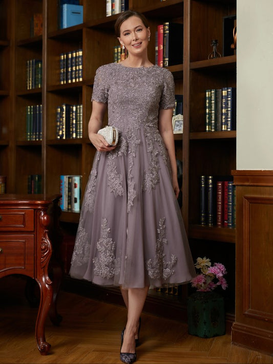 Christina A-Line/Princess Chiffon Lace Scoop Short Sleeves Tea-Length Mother of the Bride Dresses DRP0020302