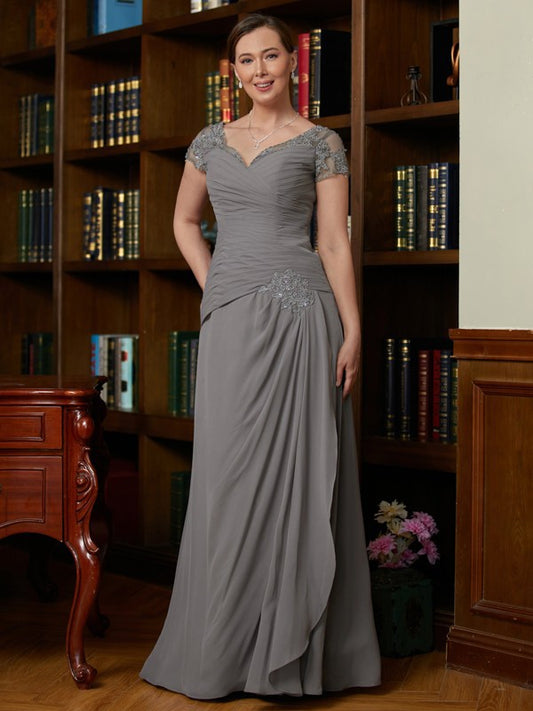Natalee A-Line/Princess Chiffon Applique Sweetheart Short Sleeves Floor-Length Mother of the Bride Dresses DRP0020328