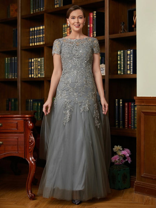 Fernanda A-Line/Princess Tulle Lace Scoop Short Sleeves Floor-Length Mother of the Bride Dresses DRP0020310